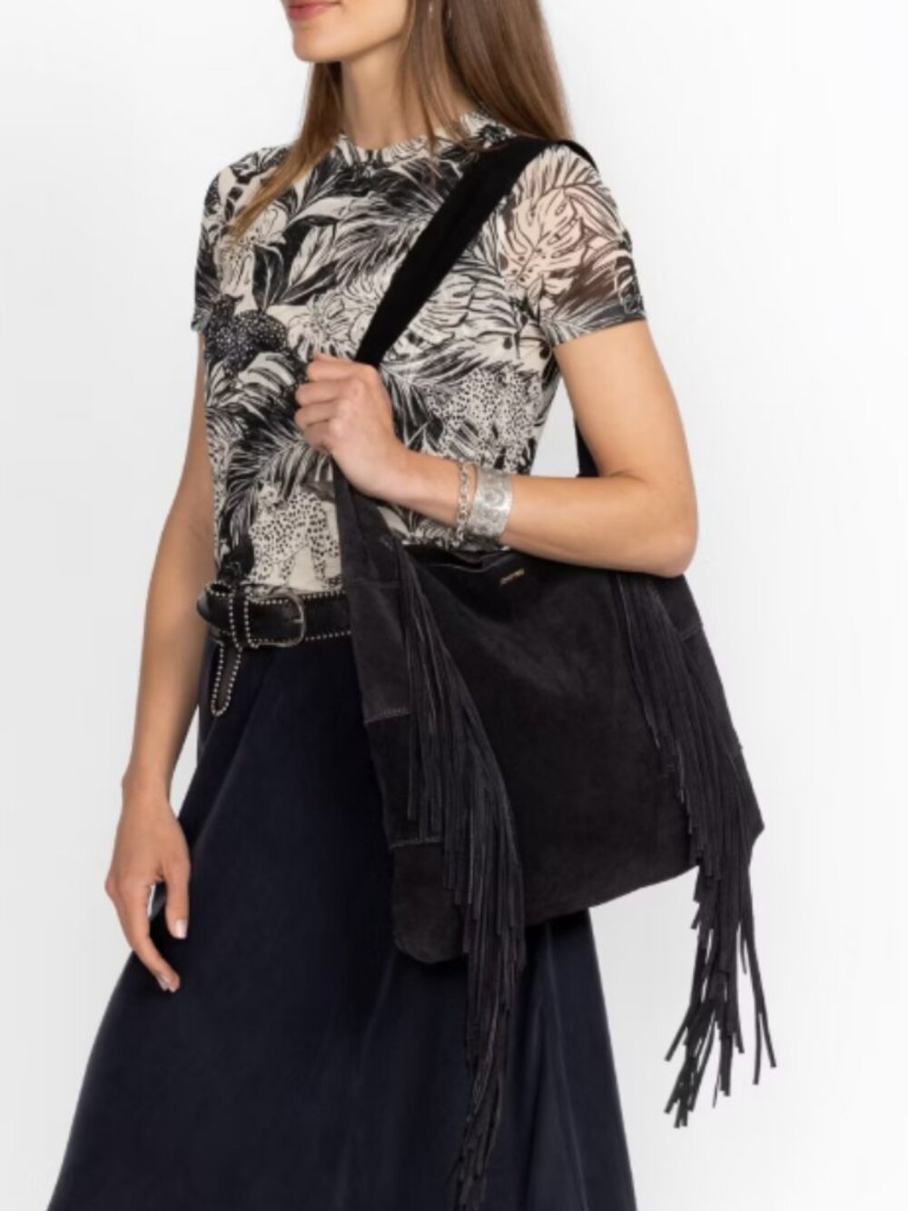 Johnny Was Flawed Nero Italian Suede Fringe Hobo Bag Black